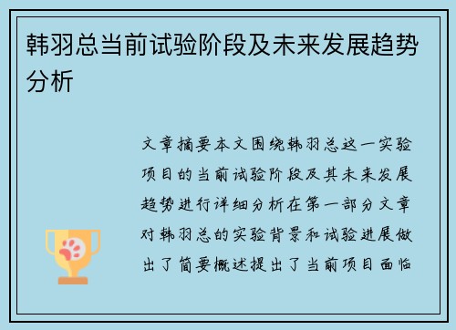 韩羽总当前试验阶段及未来发展趋势分析